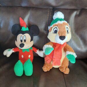 2 Disney Plush 2013 Mickey Mouse Elf Christmas & Holiday Chip Chipmunk 8" Parks